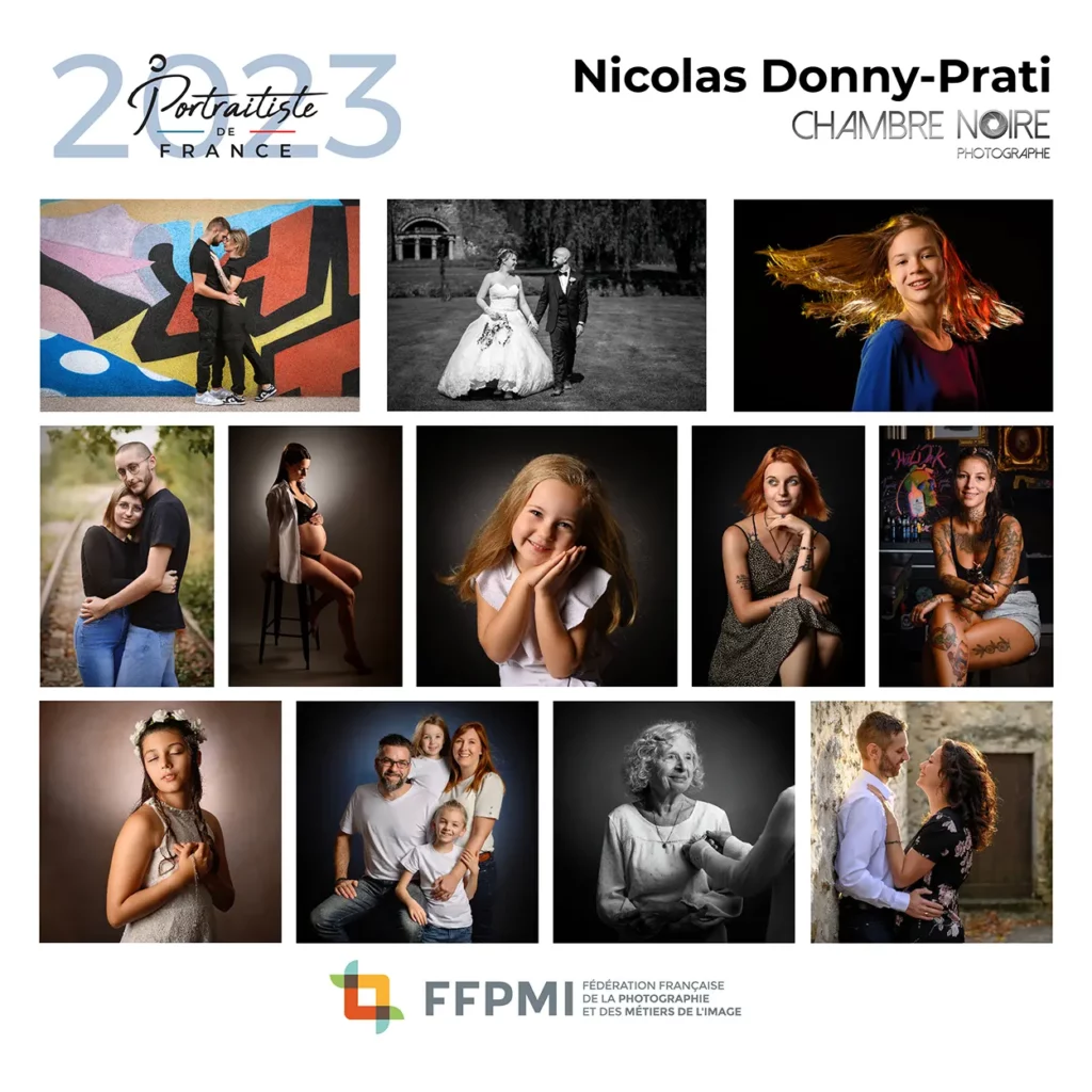 Collage de portraits de personnes et de couples dans des environnements variés autour de Seine-et-Marne Val dEurope. Comprend des prises de vue en extérieur et en studio, une scène de mariage et des portraits de famille. Les logos dune organisation de photographie et dun photographe sont affichés en haut et en bas.