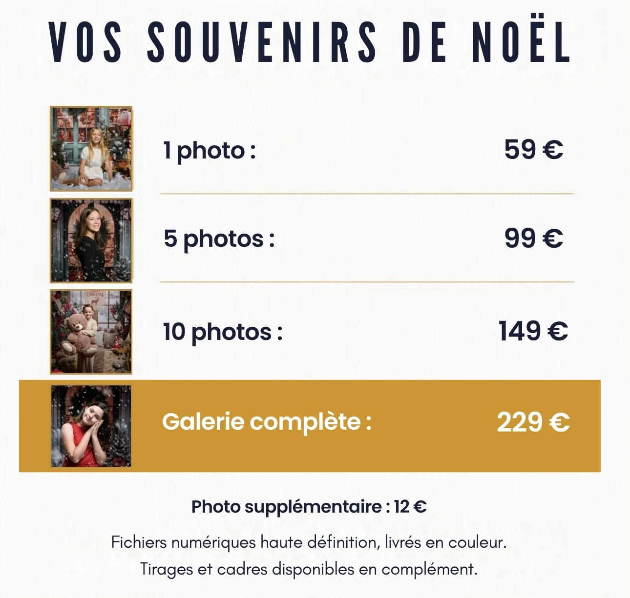Tarifs des photos de fêtes proposés par Photographe Iris Seine-et-Marne (77), avec des formules comprenant 1, 5 ou 10 photos, ou l'intégralité de la galerie. Les prix varient de 59 € à 229 €. Photo supplémentaire : 12 €. Des images de fêtes sont présentées à côté des différentes formules.